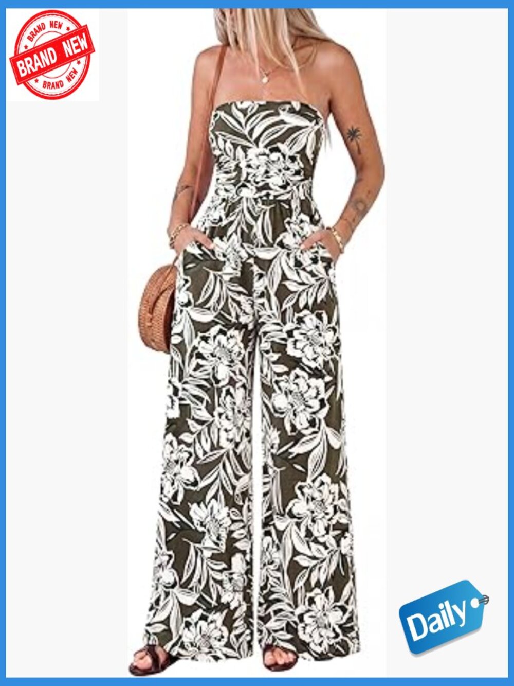 Women's Strapless Floral Wide Leg Jumpsuit Romper